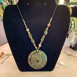 Vintage medallion necklace with beaded chain. Black and purple.